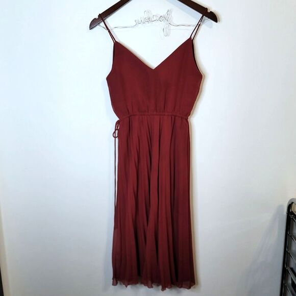 Asos Design Oxblood Red Pleated Cami Midi Dress Drawstring Waist Size 0 - Picture 3 of 10